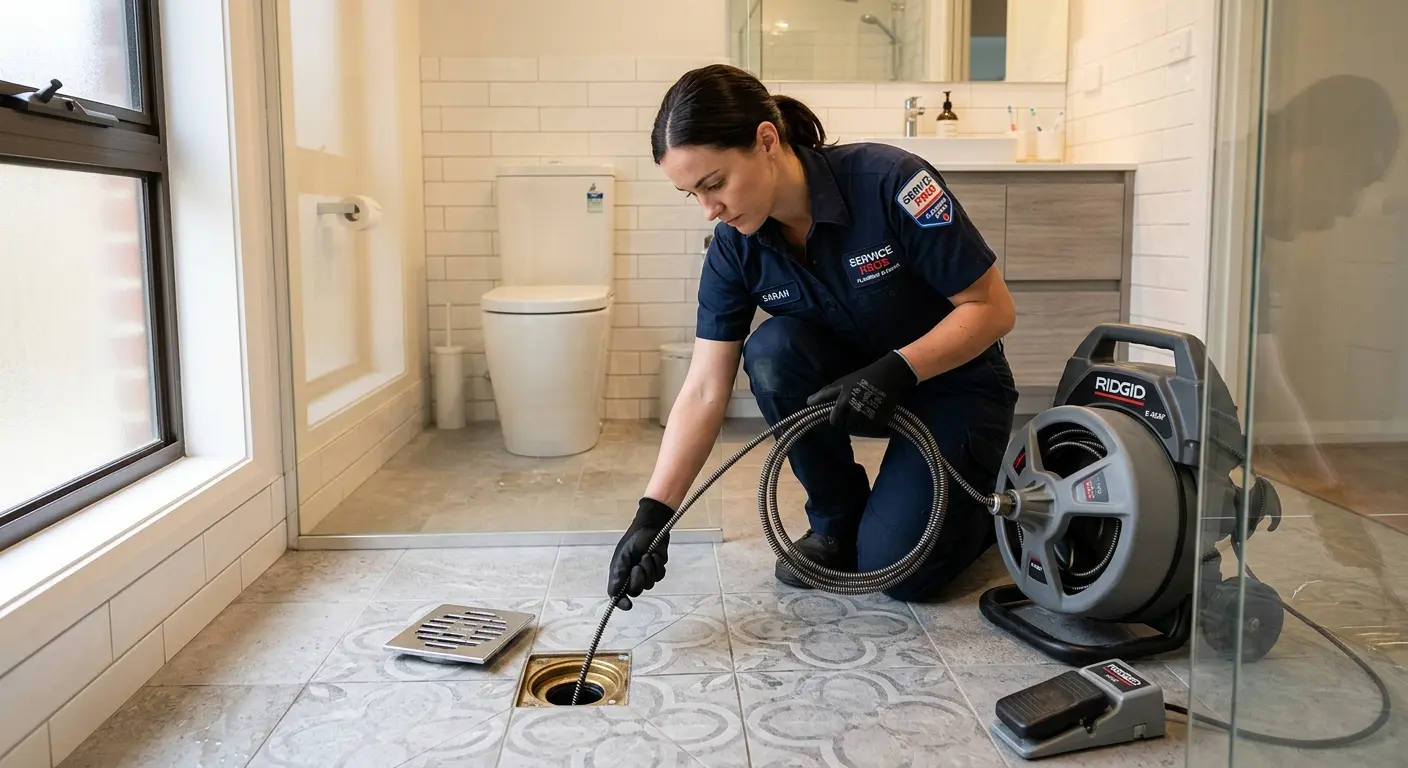 Technician clearing a bathroom floor drain for Drain Cleaning in Beaufort